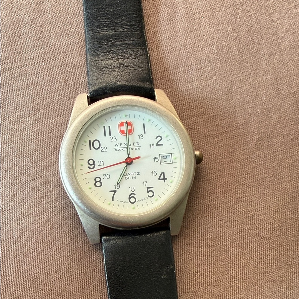 Vintage Wenger Silver Case Watch with Black Strap